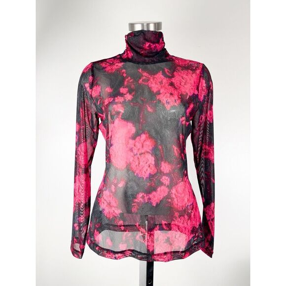 White House Black Market Pink Black LS Mesh Turtleneck Size Small Sheer - Picture 2 of 8
